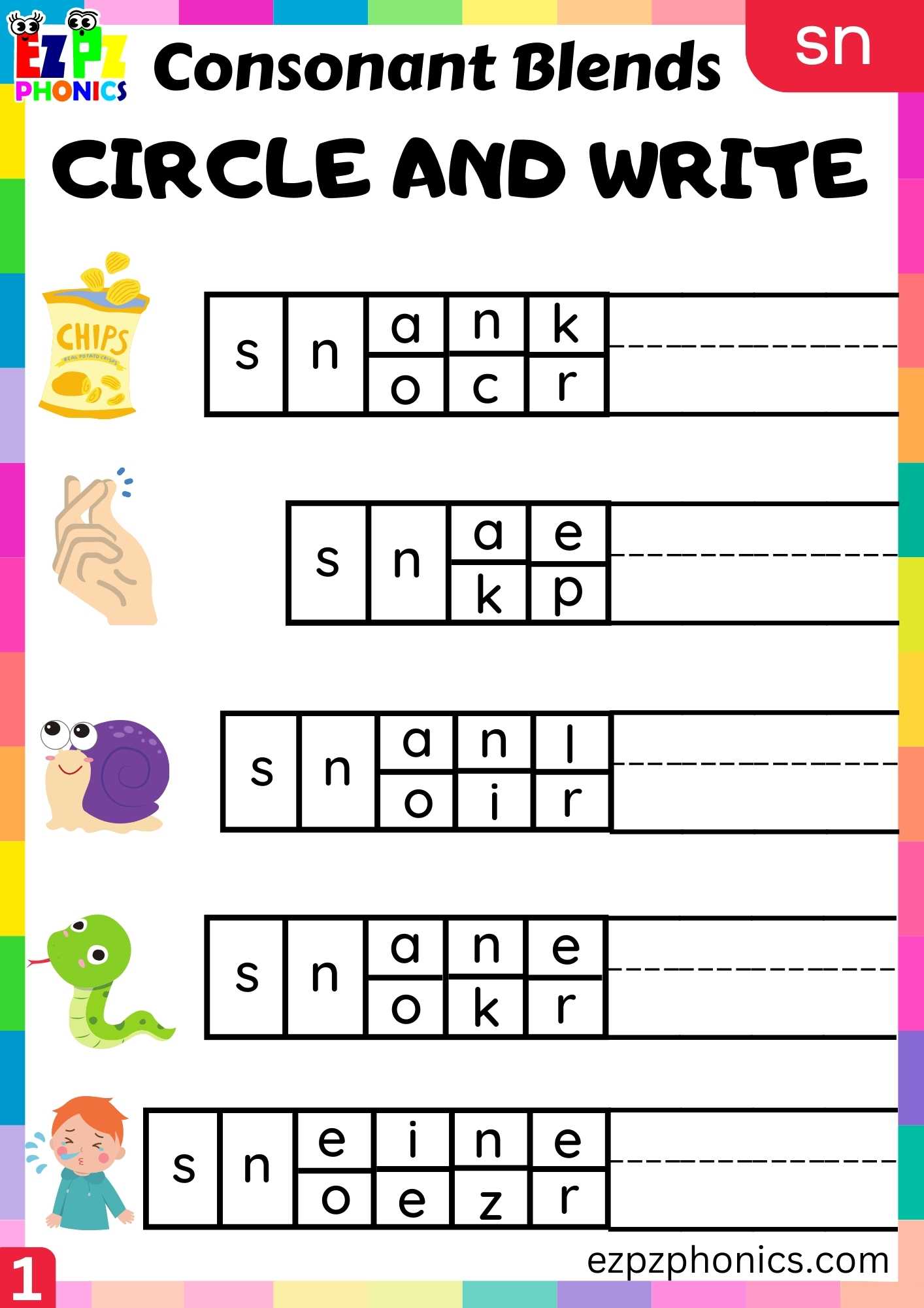 Group1 SN Words Circle And Write Phonics Consonant Blends Worksheet